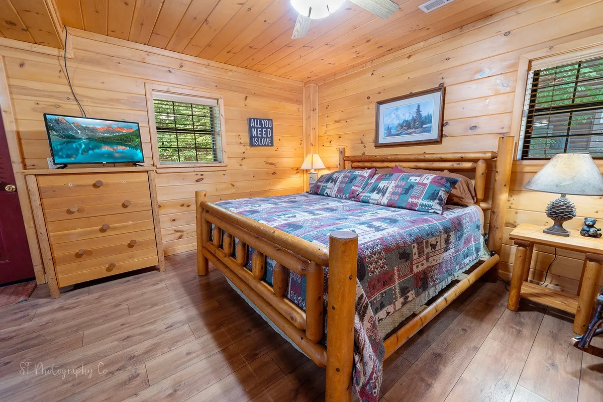 A cozy master bedroom featuring a rustic log bed topped with plaid bedding, a bedside lamp casting a warm glow, a television for relaxing evenings, and tasteful artwork adorning the walls. The overall ambiance is one of comfort and tranquility, ideal for restful nights.