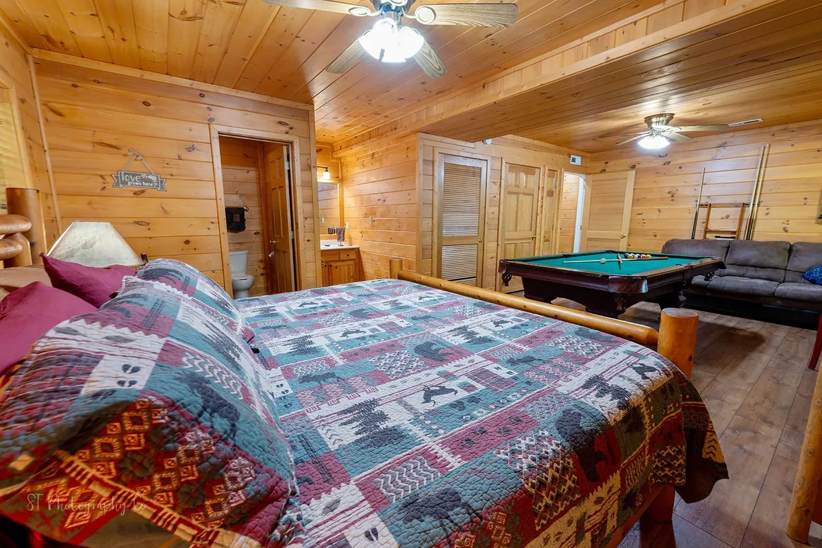 A versatile cabin space featuring a comfortable bed, a pool table for recreation, and a cozy sofa—suggesting a multi-use area ideal for both sleeping and socializing. The blend of functional and leisure elements makes the space flexible for families or groups.